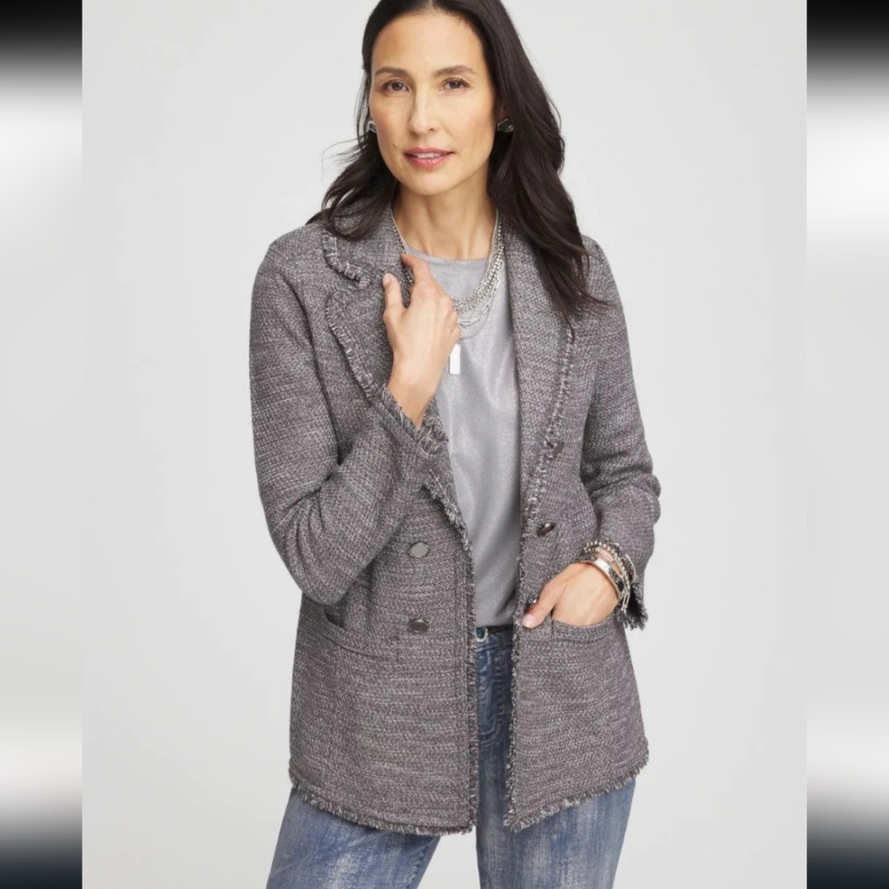 Chico's Metallic Silver Knit Cardigan Blazer Size 3 / US XL
